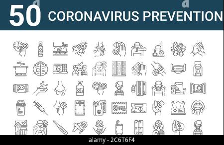 ensemble de 50 icônes de prévention des coronavirus. décrivez les icônes en fine ligne comme le masque médical, le domicile, la poubelle, l'eau, le puits, l'assainisseur pour les mains, le masque médical Illustration de Vecteur