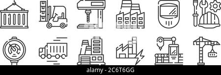 12 ensembles d'icônes de processus industriel linéaire. icônes de contour mince telles que grue, usine, camion de livraison, masque de protection, perceuse, chariot élévateur pour Illustration de Vecteur