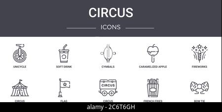 ensemble d'icônes de la ligne de concept de cirque. contient des icônes utilisables pour le web, le logo, l'interface utilisateur/ux telles que la boisson non alcoolisée, la pomme caramélisée, le cirque, le cirque, les frites, l'arc-en-un Illustration de Vecteur