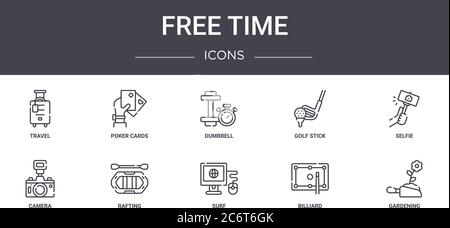 jeu d'icônes de ligne de concept de temps libre. contient des icônes utilisables pour le web, le logo, ui/ux tels que les cartes de poker, bâton de golf, caméra, surf, billard, jardinage, selfi Illustration de Vecteur