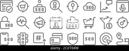 applications web seo line icons. linear set. quality vector line set tel que navigation, , carte de puce, smartphone, filtre, mégaphone, audio, cible, cible Illustration de Vecteur