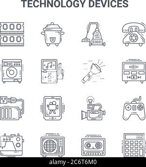 ensemble de 16 icônes de ligne vectorielle de concept de périphériques technologiques. icônes à course mince 64x64 telles que le cuiseur à pression, le lave-linge, le lecteur de musique, la caméra vidéo, Illustration de Vecteur