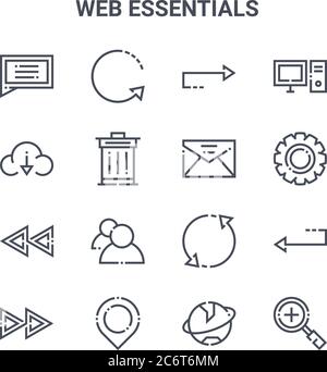 ensemble de 16 icônes de ligne vectorielle de concept web essentials. icônes à traits fins 64 x 64, telles que l'actualisation, le téléchargement dans le cloud, les paramètres, le partage, l'emplacement, le zoom avant, le globe Illustration de Vecteur