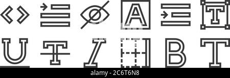 12 ensemble d'icônes d'éditeur de texte linéaire. icônes de contour mince telles que texte, bordure, format clair, retrait à droite, masqué, retrait à droite pour le web, mobile Illustration de Vecteur