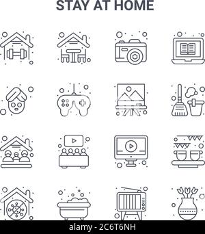 ensemble de 16 icônes de lignes vectorielles de concept stay at home. icônes 64x64 à trait fin telles que la maison, spa et détente, nettoyage, apprentissage en ligne, baignoire, pot de plantes, Illustration de Vecteur