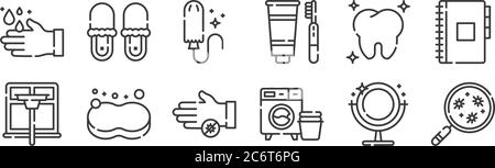 12 ensembles d'icônes de routine d'hygiène linéaire. icônes de contour mince telles que bactéries, machine à laver, éponge, dent, tampon, pantoufles pour le web, mobile Illustration de Vecteur