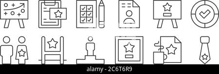 12 icônes linéaires de leadership. icônes de contour mince telles que cravate, plaque, but, présentation, enquête, paperasse pour le web, mobile Illustration de Vecteur