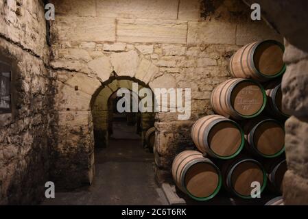 Elciego, Espagne. 11 juillet 2020. Barils en stock vus à la cave marques de Riscal, à Elciego, dans la région espagnole de Rioja-Alavesa. Cette cave possède 540 hectares de vignobles et contrôle 900 autres pour produire plus de six millions de bouteilles par an. Environ 60 % de sa production est exportée vers plus de 100 pays. C'est le plus ancien domaine viticole de la province de Rioja. Crédit : SOPA Images Limited/Alamy Live News Banque D'Images