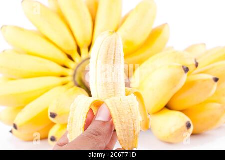 Banane d'oeuf à moitié pelée et main de bananes dorées sur fond blanc saine Pisang Mas Banana nourriture de fruits isolée Banque D'Images