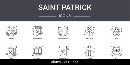 ensemble d'icônes de la ligne concept de saint patrick. contient des icônes utilisables pour le web, le logo, l'interface utilisateur/ux telles que l'invitation, le ballon, le sac, st patrick, la croix, le chapeau, le sac, les chevaux Illustration de Vecteur