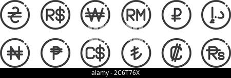 12 ensembles d'icônes de monnaie linéaire. icônes de contour mince telles que roupie, lire turque, cuba, rouble, won, real brésilien pour le web, mobile Illustration de Vecteur