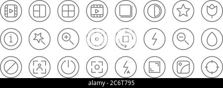 icônes de ligne de caméra. ensemble linéaire. ligne vectorielle de qualité définie comme cible, plein écran, caméra, bloc, zoom arrière, zoom avant, effet, page, grille Illustration de Vecteur