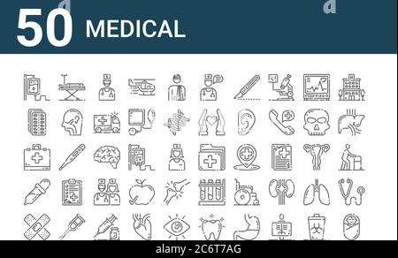 ensemble de 50 icônes médicales. contour des icônes de ligne mince telles que l'enfant, adhésif, compte-gouttes, trousse de premiers soins, pilules, lit d'hôpital, dossier médical, , cerveau, baignoires Illustration de Vecteur