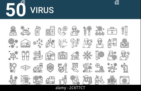 ensemble de 50 icônes de virus. contour des icônes de ligne mince telles que dossier, médecine, recherche, alerte, virus, taxi, maison Illustration de Vecteur