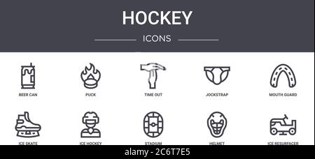 jeu d'icônes de la ligne de concept de hockey. contient des icônes utilisables pour le web, le logo, ui/ux tels que le palet, le jockstrap, le patin à glace, le stade, le casque, le resurfacer de glace, la bouche g Illustration de Vecteur
