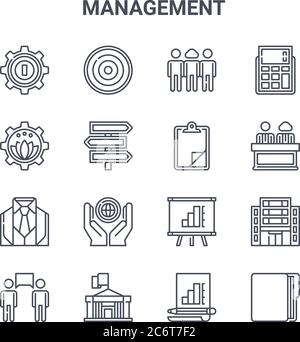 ensemble de 16 icônes de ligne vectorielle de concept de gestion. icônes de traits fins 64 x 64, telles que objectif, gestion du stress, directeur, présentation, gouvernement, projet, Illustration de Vecteur