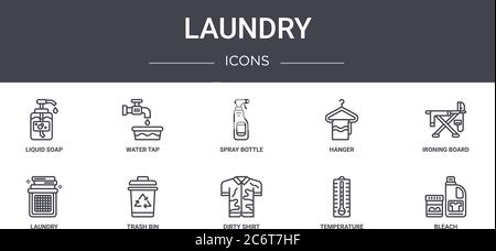 ensemble d'icônes de la ligne de concept de lessive. contient des icônes utilisables pour le web, le logo, l'interface utilisateur/ux comme le robinet d'eau, le cintre, le linge, la chemise sale, la température, l'eau de javel, l'ironi Illustration de Vecteur