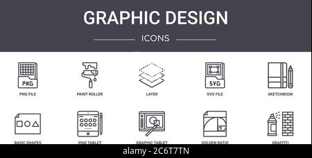 jeu d'icônes de ligne de concept de conception graphique. contient des icônes utilisables pour le web, le logo, l'interface utilisateur/ux tels que le rouleau de peinture, fichier svg, formes de base, tablette graphique, or Illustration de Vecteur