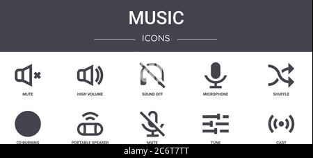 jeu d'icônes de ligne de concept musical. contient des icônes utilisables pour le web, le logo, l'interface utilisateur/ux, telles que le volume élevé, le microphone, la gravure de cd, le mode secret, le réglage, la diffusion, la lecture aléatoire, le son Illustration de Vecteur