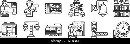 12 icônes linéaires de chemin de fer. icônes de contour mince telles que l'horloge, balayage, feux de circulation, cloche, billet de train, opérateur de train pour le web, mobile Illustration de Vecteur