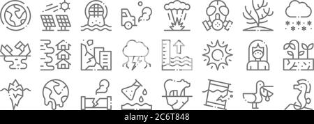 icônes de lignes de changement climatique. ensemble linéaire. ensemble de lignes de vecteur de qualité telles que cheval de mer, déversement d'hydrocarbures, pollution, iceberg, masque, glissement de terrain, flocon de neige, explosion Illustration de Vecteur