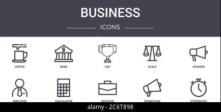 ensemble d'icônes de ligne de concept d'entreprise. contient des icônes utilisables pour le web, le logo, l'interface utilisateur/ux telles que la banque, la balance, l'employé, la valise, la promotion, le chronomètre, le haut-parleur, le cu Illustration de Vecteur