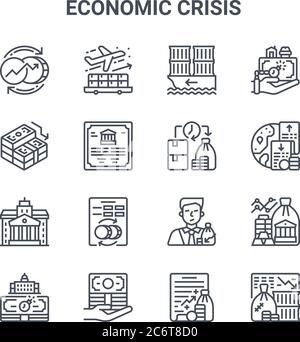 ensemble de 16 icônes de ligne vectorielle de concept de crise économique. icônes 64x64 de trait fin telles que l'exportation, crise, exdépenser, investisseur, prêt, récession, politique, liquide Illustration de Vecteur