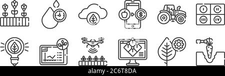 12 ensembles d'icônes d'exploitation intelligente linéaire. icônes de contour mince telles que machine, champ, ferme intelligente, tracteur, ferme intelligente, minuterie pour le web, mobile Illustration de Vecteur