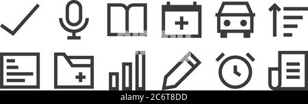 12 ensemble d'icônes d'interface utilisateur linéaires. icônes à contour fin telles que journal, crayon, document, voiture, livre, microphone pour le web, mobile Illustration de Vecteur