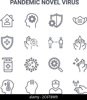 ensemble de 16 icônes de vecteur de concept de virus pandémique nouveau. icônes de course mince 64x64 telles que coronavirus, écran de protection, lavage des mains, recherche de virus, fièvre Illustration de Vecteur