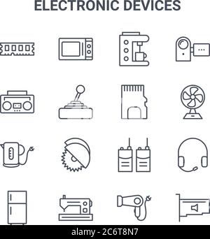 ensemble de 16 icônes de ligne vectorielle de concept de dispositifs électroniques. icônes 64x64 à trait fin telles que four à micro-ondes, cassette audio, ventilateurs, talkie-walkie, machine à coudre Illustration de Vecteur