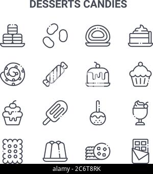 lot de 16 symboles de la ligne vectorielle concept de desserts. icônes 64x64 à trait fin telles que les haricots en gelée, le rouleau de cannelle, le cupcake, , la gelée, le chocolat, les biscuits Illustration de Vecteur