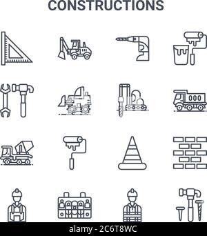 ensemble de 16 icônes de lignes vectorielles de concepts de constructions. icônes de course mince 64x64 telles que pelle hydraulique, clé, camion, cône, boîtier, marteau, ingénierie, peinture Illustration de Vecteur