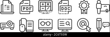 12 ensemble d'icônes d'apprentissage en ligne linéaires. icônes de contour mince telles que crayon, recherche, apprentissage en ligne, médaille, maths, pdf pour le web, mobile Illustration de Vecteur