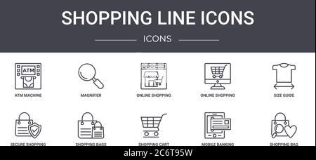 icônes de ligne d'achat ensemble d'icônes de ligne de concept. contient des icônes utilisables pour le web, le logo, l'interface utilisateur/ux tels que la loupe, les achats en ligne, les achats sécurisés, le panier, mobi Illustration de Vecteur