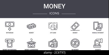 jeu d'icônes de ligne de concept d'argent. contient des icônes utilisables pour le web, le logo, l'interface utilisateur/ux tels que l'argent, l'argent, le retrait, l'actif, aucune association caritative, le paiement mobile, la carte de crédit Illustration de Vecteur