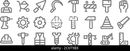 icônes de ligne de la journée de travail. set linéaire. jeu de lignes vectorielles de qualité telles que règle, grue, vis, casque de sécurité, cône de circulation, scie circulaire, main levée, hamme Illustration de Vecteur