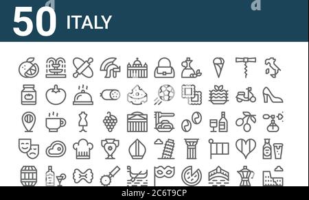 ensemble de 50 icônes italiennes. délimiter des icônes fines telles que le colisée, le canon, les masques de théâtre, l'italie, la sauce tomate, la fontaine, les spaghetti, le sac à main, le mannequin, Illustration de Vecteur