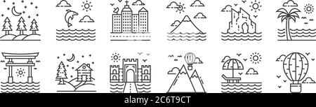 12 icônes linéaires de nature et de paysage. icônes aux contours fins telles que montgolfière, montgolfière, maison de campagne, île, paysage urbain, dauphin fo Illustration de Vecteur