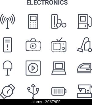 jeu de 16 icônes de ligne vectorielle de concept électronique. icônes à trait fin 64x64 telles que téléphone, processeur, aspirateur, ordinateur portable, câble de données, machine à coudre, batte Illustration de Vecteur