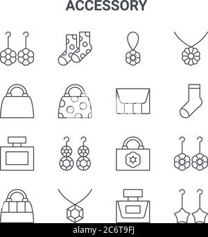 ensemble de 16 icônes de lignes vectorielles de concept d'accessoire. icônes 64x64 de trait fin telles que chaussettes, sac à main, chaussettes de football, sac à la mode, collier de diamant, dang Illustration de Vecteur