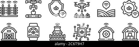 12 jeux d'icônes linéaires intelligentes pour ferme. icônes à contour fin telles que le stockage, le processeur, la montre intelligente, le champ, la protection, le convoyeur pour le web, mobile Illustration de Vecteur