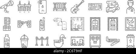 icônes de la ligne de festival de musique. set linéaire. set de ligne de vecteur de qualité comme poubelle, équipement, saxophone, bouteille d'eau, haut-parleur, talkie walkie, musique, b Illustration de Vecteur
