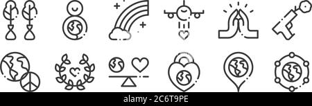 12 ensemble d'icônes d'amour du monde linéaire. icônes de contour mince telles que connexion, protection, laurier, prier, arc-en-ciel, monde pour le web, mobile Illustration de Vecteur