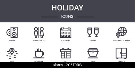 ensemble d'icônes de ligne de concept de vacances. contient des icônes utilisables pour le web, le logo, l'interface utilisateur/ux tels que les toilettes publiques, les boissons, le gps, le cadeau, le navire, le tiroir, les cartes et l'emplacement, Illustration de Vecteur