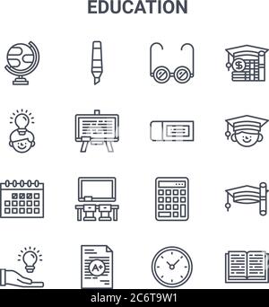 ensemble de 16 icônes de lignes vectorielles de concept éducatif. icônes 64x64 à traits fins telles que surligneur, connaissances, graduation, calculatrice, grade, livre, horloge, ère Illustration de Vecteur