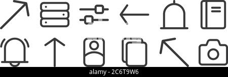 12 ensemble d'icônes d'interface linéaire. icônes de contour mince telles que caméra, coller, flèche vers le haut, cloche, réglage, base de données pour le web, mobile Illustration de Vecteur