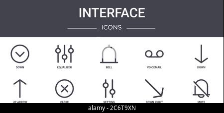 ensemble d'icônes de ligne de concept d'interface. contient des icônes utilisables pour le web, le logo, l'interface utilisateur/ux telles que l'égaliseur, la messagerie vocale, la flèche vers le haut, le réglage, le bas à droite, le mode secret, le bas, Illustration de Vecteur