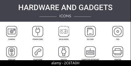 jeu d'icônes de ligne de concept de matériel et de gadgets. contient des icônes utilisables pour le web, le logo, l'interface utilisateur/ux, comme le cordon d'alimentation, la carte sd, la webcam, iwatch, le clavier d'ordinateur Illustration de Vecteur