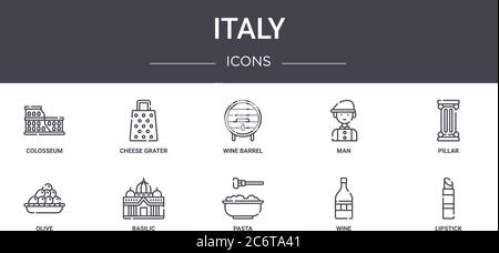 jeu d'icônes de la ligne de concept italie. contient des icônes utilisables pour le web, le logo, ui/ux tels que râpe à fromage, homme, olive, pâtes, vin, rouge à lèvres, pilier, baril de vin Illustration de Vecteur
